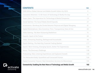 www.activate.com 182
PAGE
$300 Billion Global Internet and Media Growth Dollars by 2023 4
Consumer Attention: 12:40 Hours of Technology & Media Per Day 9
Super Users: The Imperative for Technology & Media Companies 13
Social Splinter: The Social Media World Expands 27
eCommerce: Shrinking the Divide Between Physical and Digital Shopping 41
Digital Marketplaces: New Inventory, Price, Transparency, Ease of Use 60
Video Gaming: The Next Streaming Battlefront 71
Esports: Sport of the Future 84
Video: Streaming Stacking, Battleground Households 94
Sports Betting: The Next Big Financial Trading Market 117
Sports: More Viewing, Emerging Sports, Better Fan Experiences 129
Music: The Discovery Challenge 138
Podcasting: New Listening Experiences and Explosive Growth 146
The Networked Body: Quantiﬁed and Connected Human 159
Digital Consumer Finance: Next Generation Services Go Mainstream 169
Connectivity: Enabling the Next Wave of Technology and Media Growth 182
CONTENTS
 