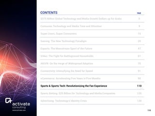 110www.activate.com
CONTENTS
$375 Billion Global Technology and Media Growth Dollars up for Grabs 5
Consumer Technology and Media Time and Attention 9
Super Users, Super Consumers 15
Gaming: The New Technology Paradigm 29
Esports: The Mainstream Sport of the Future 47
Video: The Fight for Battleground Households 61
AR/VR: On the Verge of Widespread Adoption 75
Connectivity: Intensifying the Need for Speed 91
eCommerce: Accelerating Five Years in Five Months 99
Sports & Sports Tech: Revolutionizing the Fan Experience 110
Sports Betting: $25 Billion for Technology and Media Companies 128
Advertising: Technology’s Identity Crisis 134
PAGE
 