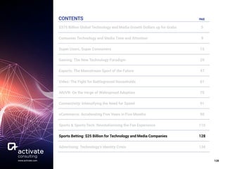 128www.activate.com
CONTENTS
$375 Billion Global Technology and Media Growth Dollars up for Grabs 5
Consumer Technology and Media Time and Attention 9
Super Users, Super Consumers 15
Gaming: The New Technology Paradigm 29
Esports: The Mainstream Sport of the Future 47
Video: The Fight for Battleground Households 61
AR/VR: On the Verge of Widespread Adoption 75
Connectivity: Intensifying the Need for Speed 91
eCommerce: Accelerating Five Years in Five Months 99
Sports & Sports Tech: Revolutionizing the Fan Experience 110
Sports Betting: $25 Billion for Technology and Media Companies 128
Advertising: Technology’s Identity Crisis 134
PAGE
 
