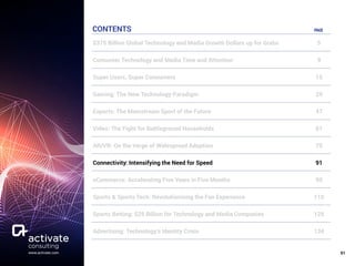 91www.activate.com
CONTENTS
$375 Billion Global Technology and Media Growth Dollars up for Grabs 5
Consumer Technology and Media Time and Attention 9
Super Users, Super Consumers 15
Gaming: The New Technology Paradigm 29
Esports: The Mainstream Sport of the Future 47
Video: The Fight for Battleground Households 61
AR/VR: On the Verge of Widespread Adoption 75
Connectivity: Intensifying the Need for Speed 91
eCommerce: Accelerating Five Years in Five Months 99
Sports & Sports Tech: Revolutionizing the Fan Experience 110
Sports Betting: $25 Billion for Technology and Media Companies 128
Advertising: Technology’s Identity Crisis 134
PAGE
 