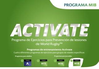 Cuatro diferentes programas de ejercicios para grupos de edades específicas:
Programas de entrenamiento Activate
Programas para adultos Programas para juveniles
PROGRAMA M18
A M16
431
M18
2
M15
Programa Programa ProgramaPrograma
Programa de Ejercicios para Prevención de lesiones
de World RugbyTM
 