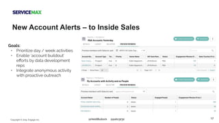 17Copyright © 2019, Engagio Inc. @HeidiBullock @pato3232
New Account Alerts – to Inside Sales
Goals:
• Prioritize day / week activities
• Enable ‘account buildout’
eﬀorts by data development
reps
• Integrate anonymous activity
with proactive outreach
 