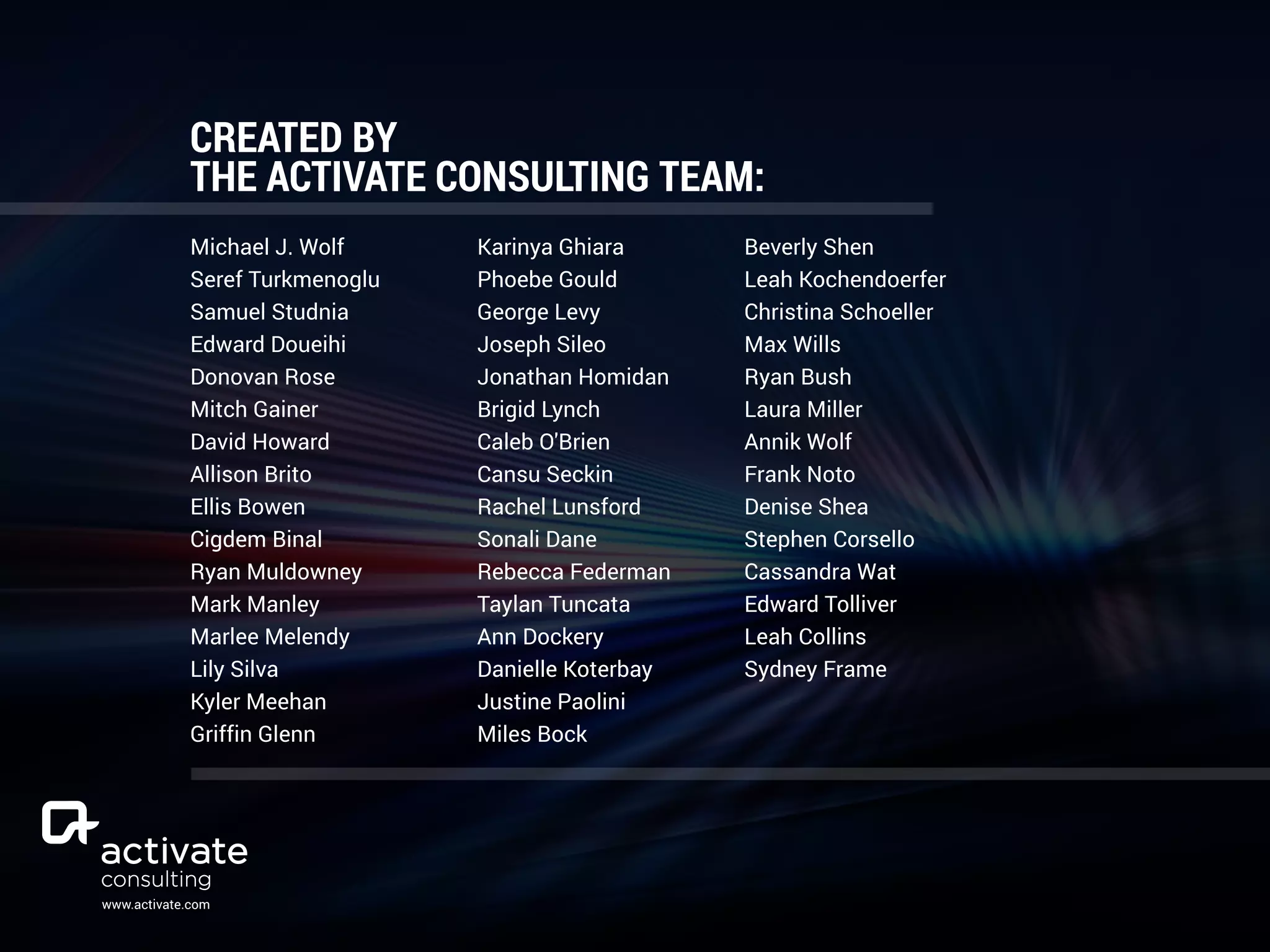 CREATED BY
THE ACTIVATE CONSULTING TEAM:
Michael J. Wolf
Seref Turkmenoglu
Samuel Studnia
Edward Doueihi
Donovan Rose
Mitch Gainer
David Howard
Allison Brito
Ellis Bowen
Cigdem Binal
Ryan Muldowney
Mark Manley
Marlee Melendy
Lily Silva
Kyler Meehan
Griffin Glenn
Karinya Ghiara
Phoebe Gould
George Levy
Joseph Sileo
Jonathan Homidan
Brigid Lynch
Caleb O'Brien
Cansu Seckin
Rachel Lunsford
Sonali Dane
Rebecca Federman
Taylan Tuncata
Ann Dockery
Danielle Koterbay
Justine Paolini
Miles Bock
Beverly Shen
Leah Kochendoerfer
Christina Schoeller
Max Wills
Ryan Bush
Laura Miller
Annik Wolf
Frank Noto
Denise Shea
Stephen Corsello
Cassandra Wat
Edward Tolliver
Leah Collins
Sydney Frame
www.activate.com
 