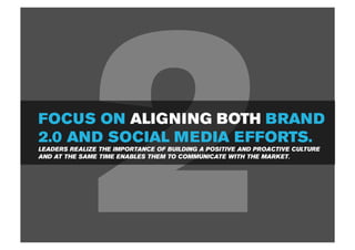 2
FOCUS ON ALIGNING BOTH BRAND
2.0 AND SOCIAL MEDIA EFFORTS.
LEADERS REALIZE THE IMPORTANCE OF BUILDING A POSITIVE AND PROACTIVE CULTURE
AND AT THE SAME TIME ENABLES THEM TO COMMUNICATE WITH THE MARKET.
 