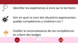 Voir en quoi ce sont des situations apprenantes :
quelles compétences y mobilise-t-on ?
Identifier les expériences à vivre...