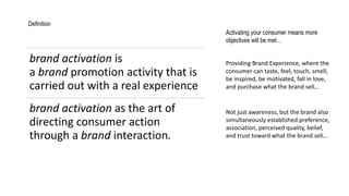 Activating your consumer means more
objectives will be met…
Definition
brand activation is
a brand promotion activity that...