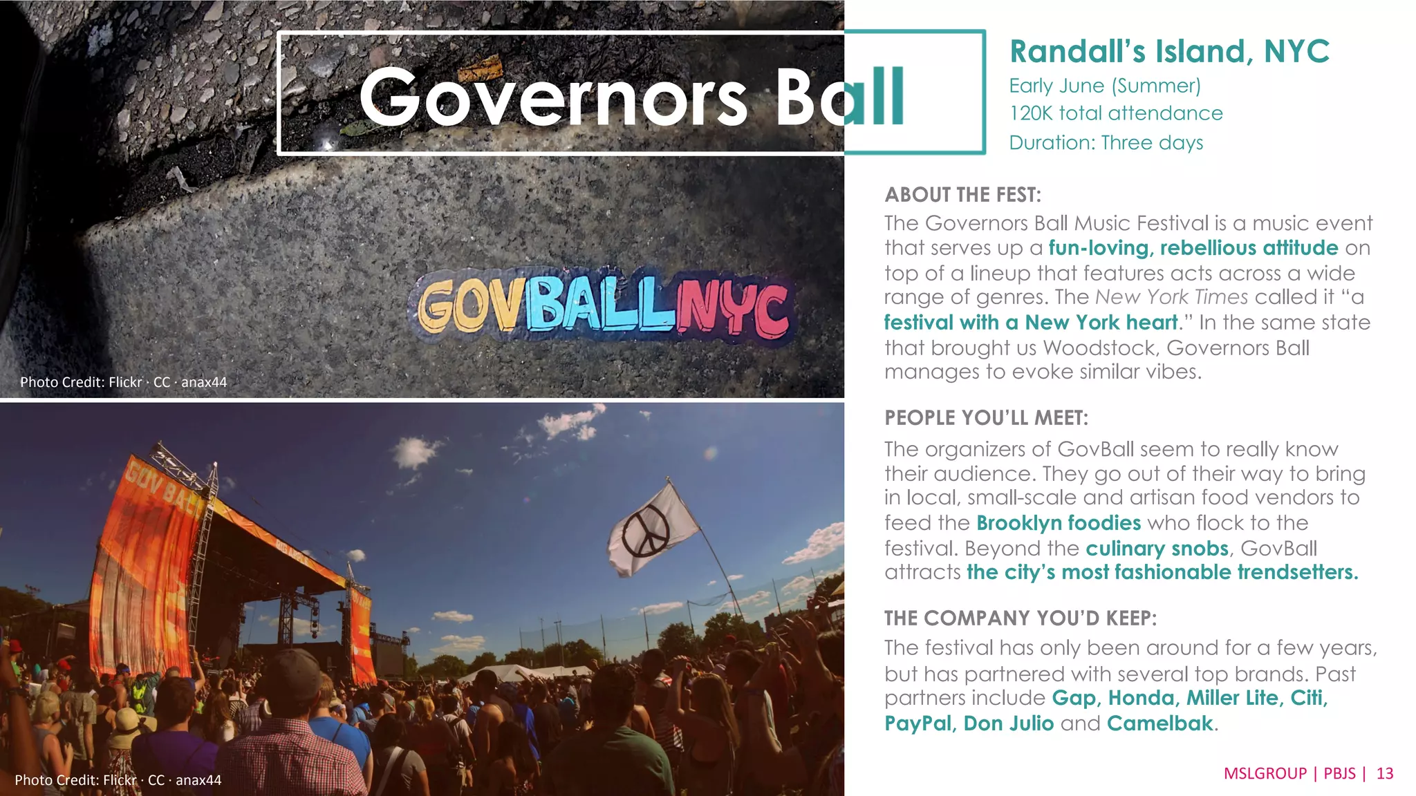Randall’s Island, NYC 
Early June (Summer) 
120K total attendance 
Duration: Three days 
ABOUT THE FEST: 
The Governors Ball Music Festival is a music event 
that serves up a fun-loving, rebellious attitude on 
top of a lineup that features acts across a wide 
range of genres. The New York Times called it “a 
festival with a New York heart.” In the same state 
that brought us Woodstock, Governors Ball 
manages to evoke similar vibes. 
PEOPLE YOU’LL MEET: 
The organizers of GovBall seem to really know 
their audience. They go out of their way to bring 
in local, small-scale and artisan food vendors to 
feed the Brooklyn foodies who flock to the 
festival. Beyond the culinary snobs, GovBall 
attracts the city’s most fashionable trendsetters. 
THE COMPANY YOU’D KEEP: 
The festival has only been around for a few years, 
but has partnered with several top brands. Past 
partners include Gap, Honda, Miller Lite, Citi, 
PayPal, Don Julio and Camelbak. 
MSLGROUP 
Photo 
Credit: 
Flickr 
·∙ 
CC 
·∙ 
anax44 
| 
PBJS 
| 
13 
Governors Ball 
Photo 
Credit: 
Flickr 
·∙ 
CC 
·∙ 
anax44 
 