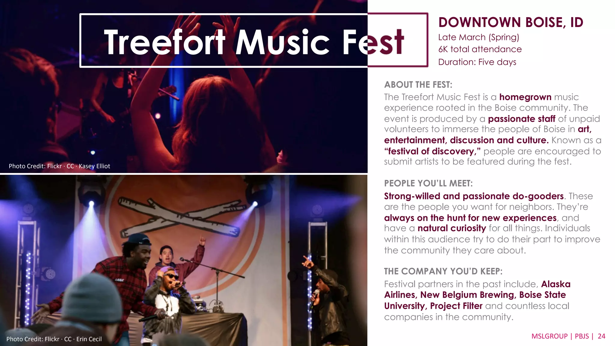 DOWNTOWN BOISE, ID 
Late March (Spring) 
6K total attendance 
Duration: Five days 
ABOUT THE FEST: 
The Treefort Music Fest is a homegrown music 
experience rooted in the Boise community. The 
event is produced by a passionate staff of unpaid 
volunteers to immerse the people of Boise in art, 
entertainment, discussion and culture. Known as a 
“festival of discovery,” people are encouraged to 
submit artists to be featured during the fest. 
PEOPLE YOU’LL MEET: 
Strong-willed and passionate do-gooders. These 
are the people you want for neighbors. They’re 
always on the hunt for new experiences, and 
have a natural curiosity for all things. Individuals 
within this audience try to do their part to improve 
the community they care about. 
THE COMPANY YOU’D KEEP: 
Festival partners in the past include, Alaska 
Airlines, New Belgium Brewing, Boise State 
University, Project Filter and countless local 
companies in the community. 
MSLGROUP 
Photo 
Credit: 
Flickr 
·∙ 
CC 
·∙ 
Erin 
Cecil 
| 
PBJS 
| 
24 
Treefort Music Fest 
Photo 
Credit: 
Flickr 
·∙ 
CC 
·∙ 
Kasey 
Elliot 
 