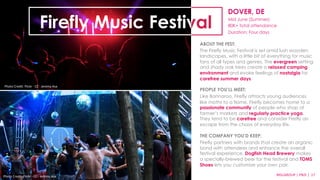 DOVER, DE 
Mid June (Summer) 
80K+ total attendance 
Duration: Four days 
ABOUT THE FEST: 
The Firefly Music Festival is set amid lush wooden 
landscapes, with a little bit of everything for music 
fans of all types and genres. The evergreen setting 
and shady oak trees create a relaxed camping 
environment and evoke feelings of nostalgia for 
carefree summer days. 
PEOPLE YOU’LL MEET: 
Like Bonnaroo, Firefly attracts young audiences 
like moths to a flame. Firefly becomes home to a 
passionate community of people who shop at 
farmer’s markets and regularly practice yoga. 
They tend to be carefree and consider Firefly an 
escape from the chaos of everyday life. 
THE COMPANY YOU’D KEEP: 
Firefly partners with brands that create an organic 
bond with attendees and enhance the overall 
festival experience. Dogfish Head Brewery makes 
a specially-brewed beer for the festival and TOMS 
Shoes lets you customize your own pair. 
MSLGROUP 
Photo 
Credit: 
Flickr 
·∙ 
CC 
·∙ 
Jeremy 
Asa 
| 
PBJS 
| 
17 
Firefly Music Festival 
Photo 
Credit: 
Flickr 
·∙ 
CC 
·∙ 
Jeremy 
Asa 
 