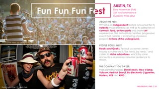AUSTIN, TX 
Early November (Fall) 
55K total attendance 
Duration: Three days 
ABOUT THE FEST: 
FFFFest is an independent festival renowned for its 
eclectic musical lineup, as well as its collection of 
comedy, food, action sports and poster art 
experiences. The festival is a creative, progressive 
event that curates a smattering of passion 
projects for fans of the underground. 
PEOPLE YOU’LL MEET: 
Freaks and Geeks. Festival co-owner James 
Moody says the fest is “for nerds, by nerds,” and 
caters to niche subcultures, which by some 
accounts is an elusive consumer audience to 
reach. 
THE COMPANY YOU’D KEEP: 
Past partners include, Shiner Beers, Tito’s Vodka, 
Volcom, Red Bull Select, Blu Electronic Cigarettes, 
Hostess, HEB and KIND. 
MSLGROUP 
Photo 
Credit: 
Flickr 
·∙ 
CC 
·∙ 
Nash 
Cook 
| 
PBJS 
| 
19 
Fun Fun Fun Fest 
Photo 
Credit: 
Flickr 
·∙ 
CC 
·∙ 
The 
Other 
Paper 
 