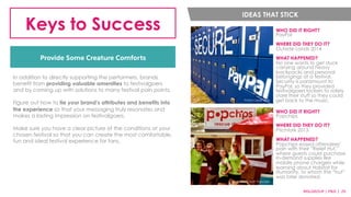 Keys to Success WHO DID IT RIGHT? 
Provide Some Creature Comforts 
PayPal 
WHERE DID THEY DO IT? 
Outside Lands 2014 
WHAT HAPPENED? 
No one wants to get stuck 
carrying around heavy 
backpacks and personal 
belongings at a festival. 
Security is paramount to 
PayPal, so they provided 
festivalgoers lockers to safely 
store their stuff so they could 
Photo Credit: pbjs get back to the music. 
MSLGROUP 
| 
PBJS 
| 
2299 
IDEAS THAT STICK 
In addition to directly supporting the performers, brands 
benefit from providing valuable amenities to festivalgoers 
and by coming up with solutions to many festival pain points. 
Figure out how to tie your brand’s attributes and benefits into 
the experience so that your messaging truly resonates and 
makes a lasting impression on festivalgoers. 
Make sure you have a clear picture of the conditions at your 
chosen festival so that you can create the most comfortable, 
fun and ideal festival experience for fans. 
WHO DID IT RIGHT? 
Popchips 
WHERE DID THEY DO IT? 
Pitchfork 2013 
WHAT HAPPENED? 
Popchips eased attendees’ 
pain with their “Relief Hut,” 
where guests could purchase 
in-demand supplies like 
mobile phone chargers while 
learning about Habitat for 
Humanity, to whom the “hut” 
was later donated. 
Photo Credit: Popchips 
 