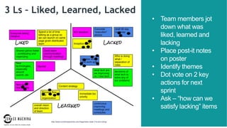 page
018
• Team members jot
down what was
liked, learned and
lacking
• Place post-it notes
on poster
• Identify themes
• Dot vote on 2 key
actions for next
sprint
• Ask – “how can we
satisfy lacking” items
3 Ls – Liked, Learned, Lacked
http://www.funretrospectives.com/happiness-radar-3-ls-dot-voting/
 