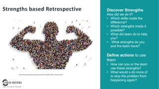 page
025
Strengths based Retrospective Discover Strengths
How did we do it?
• Which skills made the
difference?
• Which strengths made it
possible?
• What did team do to help
you?
• What strengths do you
and the team have?
Define actions to use
them
• How can you or the team
use these strengths?
• What would u do more of
to stop the problem from
happening again?
http://retrospectivewiki.org/index.php?title=Strengths-Based_Retrospective
 