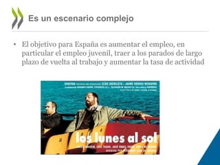Es un escenario complejo 
• El objetivo para España es aumentar el empleo, en 
particular el empleo juvenil, traer a los parados de largo 
plazo de vuelta al trabajo y aumentar la tasa de actividad 
 