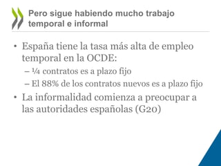 Pero sigue habiendo mucho trabajo 
temporal e informal 
• España tiene la tasa más alta de empleo 
temporal en la OCDE: 
– ¼ contratos es a plazo fijo 
– El 88% de los contratos nuevos es a plazo fijo 
• La informalidad comienza a preocupar a 
las autoridades españolas (G20) 
 