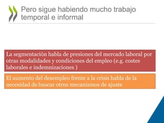 Pero sigue habiendo mucho trabajo 
temporal e informal 
La segmentación habla de presiones del mercado laboral por 
otras modalidades y condiciones del empleo (e.g. costes 
laborales e indemnizaciones ) 
El aumento del desempleo frente a la crisis habla de la 
necesidad de buscar otros mecanismos de ajuste 
 