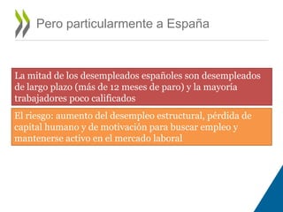 Pero particularmente a España 
La mitad de los desempleados españoles son desempleados 
de largo plazo (más de 12 meses de paro) y la mayoría 
trabajadores poco calificados 
El riesgo: aumento del desempleo estructural, pérdida de 
capital humano y de motivación para buscar empleo y 
mantenerse activo en el mercado laboral 
 