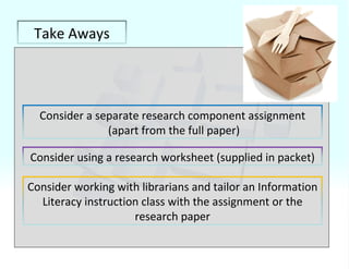Take Aways Consider a separate research component assignment (apart from the full paper) Consider working with librarians and tailor an Information Literacy instruction class with the assignment or the research paper Consider using a research worksheet (supplied in packet) 