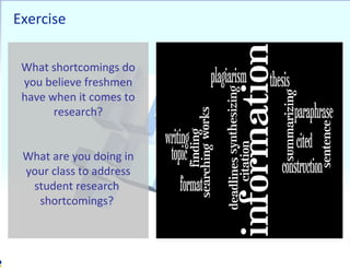 Exercise What shortcomings do you believe freshmen have when it comes to research? What are you doing in your class to address student research  shortcomings?  