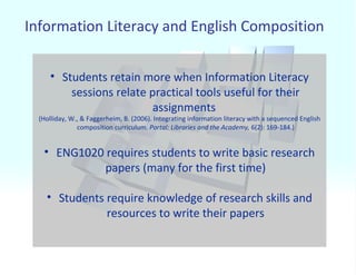 Information Literacy and English Composition Students retain more when Information Literacy sessions relate practical tools useful for their assignments  (Holliday, W., & Faggerheim, B. (2006). Integrating information literacy with a sequenced English composition curriculum.  Portal: Libraries and the Academy,  6(2): 169-184.) ENG1020 requires students to write basic research papers (many for the first time) Students require knowledge of research skills and resources to write their papers 