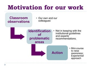 Classroom     • Our own and our
observations     colleagues’



           Identification   • Not in keeping with the
                              institutional guidelines
                 of           and experts’
            problematic       recommendations.
               areas
                                           • Mini-course
                                             to raise
                            Action           awareness;
                                             Experiential
                                             approach
 