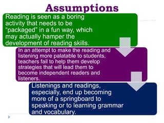 Reading is seen as a boring
activity that needs to be
“packaged” in a fun way, which
may actually hamper the
development of reading skills.
    In an attempt to make the reading and
    listening more palatable to students,
    teachers fail to help them develop
    strategies that will lead them to
    become independent readers and
    listeners.
         Listenings and readings,
         especially, end up becoming
         more of a springboard to
         speaking or to learning grammar
         and vocabulary.
 
