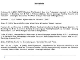 References



Anderson, N. J. (2009). ACTIVE Reading: The Research Base for a Pedagogical Approach in the Reading
Classroom. In ZhaoHong Han & Neil J. Anderson (Editors). Second Language Reading Research and
Instruction – Crossing the Boundaries. Ann Arbor, Michigan: University of Michigan Press.

Bazerman, C. (2006). Gênero, Agência e Escrita. São Paulo: Cortêz.

Brown, D. (2001). Teaching by Principles. White Plains, NY: Addison Wesley, Longman.

Freeman, D. and Freeman, Y. (2009). Effective Reading Instruction for English Language Learners. In
ZhaoHong Han & Neil J. Anderson (Editors). Second Language Reading Research and Instruction – Crossing
the Boundaries. Ann Arbor, Michigan: University of Michigan Press.

Grabe, W. (2002). Dilemmas for the Development of Second Langauge Reading Abilities. In J. C. Richards and
W. A. Renandya (Eds). Methodology in Language Teaching – Na Anthology of Current Practice. New York, NY:
Cambridge University Press.

Grabe, W. (2010). Reading in a Second Language. Cambridge University Press.

Han, ZH. and D’Angelo, A. (2009). Balancing between Comprehension and Acquisition: Proposing a Dual
Approach. In ZhaoHong Han & Neil J. Anderson (Editors). Second Language Reading Research and Instruction
– Crossing the Boundaries. Ann Arbor, Michigan: University of Michigan Press.
 