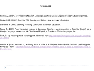 References



Harmer, J. (2007). The Practice of English Language Teaching. Essex, England: Pearson Education Limited.

Nation, I.S.P. ( 2009). Teaching EFL Reading and Writing. New York, NY: Routledge.

Scrivener, J. (2005). Learning Teaching. Oxford, UK: Macmillan Education.

Snow, D. (2007) From Language Learner to Language Teacher – An Introduction to Teaching English as a
Foreign Language. Alexandria, VA: Teachers of English to Speakers of Other Languages, Inc.

Swift, S. (?). Reading aloud. [web log post]. Retrieved from http://eltnotebook.blogspot.com.br/2006/12/reading-
aloud.html.


Wilson, K. (2010, October 14). Reading aloud in class is a complete waste of time – discuss. [web log post].
Retrieved from http://kenwilsonelt.wordpress.com/2010/10/14/reading-aloud-in-class-is-a-complete-waste-of-
time-discuss/.
 
