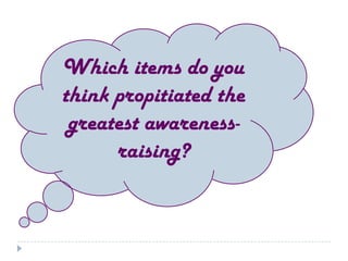 Which items do you
think propitiated the
 greatest awareness-
      raising?
 