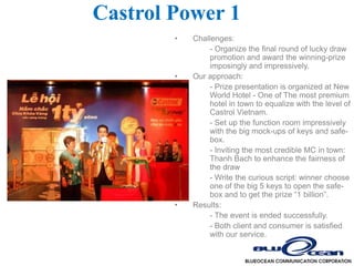 Castrol Power 1
        •   Challenges:
                - Organize the final round of lucky draw
                promotion and award the winning-prize
                imposingly and impressively.
        •   Our approach:
                - Prize presentation is organized at New
                World Hotel - One of The most premium
                hotel in town to equalize with the level of
                Castrol Vietnam.
                - Set up the function room impressively
                with the big mock-ups of keys and safe-
                box.
                - Inviting the most credible MC in town:
                Thanh Bach to enhance the fairness of
                the draw
                - Write the curious script: winner choose
                one of the big 5 keys to open the safe-
                box and to get the prize “1 billion”.
        •   Results:
                - The event is ended successfully.
                - Both client and consumer is satisfied
                with our service.
 