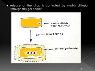    release of the drug is controlled by matrix diffusion
    through this gel barrier




                                                   20
 