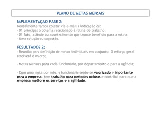 IMPLEMENTAÇÃO FASE 2: Mensalmente vamos coletar via e-mail a indicação de: 01 principal problema relacionado à rotina de trabalho; 01 fato, atitude ou acontecimento que trouxe benefício para a rotina; Uma solução ou sugestão. RESULTADOS 2: - Reunião para definição de metas individuais em conjunto: O esforço geral resolverá o macro;  - Metas Mensais para cada funcionário, por departamento e para a agência; - Com uma meta por mês, o funcionário sente-se  valorizado  e  importante para a empresa , tem  trabalho para períodos ociosos  e contribui para que a  empresa melhore os serviços e a agilidade . PLANO DE METAS MENSAIS 