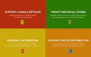 3
SUPPORT A SINGLE RETAILER
Targeting shoppers of a speciﬁc retailer
in proximity to their stores.
TARGET INDIVIDUAL STORES
Targeting speciﬁc venues, to support other activities,
such as sampling or to drive footfall to outlets.
REGIONAL DISTRIBUTION
Your range is only available in one region,
or your brand is trying to gain sales in a particular city.
SUPPORT LIMITED DISTRIBUTION
Your product or NPD is only listed in a limited
number of stores, requiring targeted support.
 