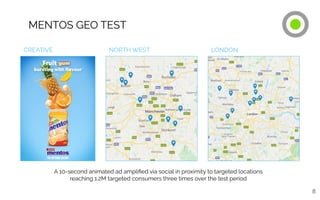 8
MENTOS GEO TEST
NORTH WEST LONDON
A 10-second animated ad ampliﬁed via social in proximity to targeted locations
reaching 1.2M targeted consumers three times over the test period
CREATIVE
 