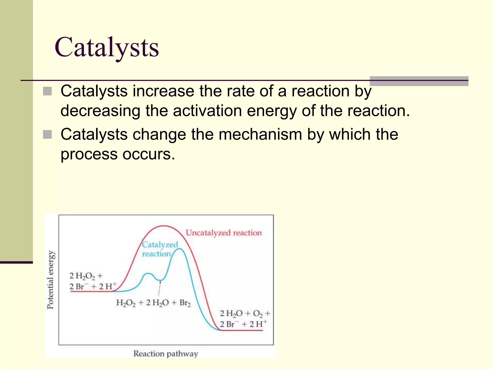 Catalysts
 Catalysts increase the rate of a reaction by
decreasing the activation energy of the reaction.
 Catalysts change the mechanism by which the
process occurs.
 