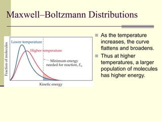 Maxwell–Boltzmann Distributions
 As the temperature
increases, the curve
flattens and broadens.
 Thus at higher
temperatures, a larger
population of molecules
has higher energy.
 
