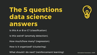 The 5 questions
data science
answers
Is this A or B or C? (classiﬁcation)
 
Is this weird? (anomaly detection). 
How much/how many? (regression). 
How is it organized? (clustering). 
What should I do next? (reinforcement learning) Activation Functions, | 2019
 