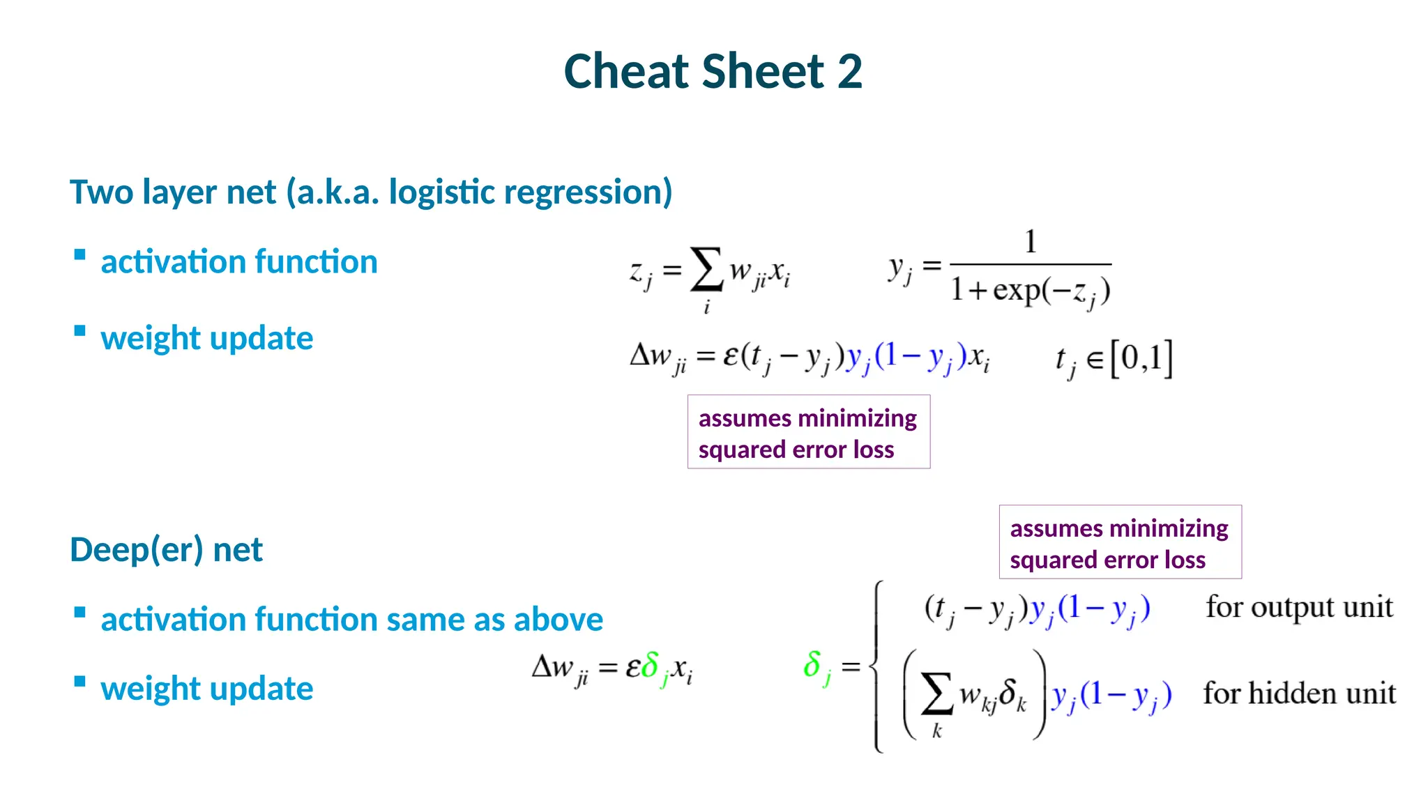 Cheat Sheet 2

Two layer net (a.k.a. logistic regression)
 activation function
 weight update

Deep(er) net
 activation function same as above
 weight update
assumes minimizing
squared error loss
assumes minimizing
squared error loss
 