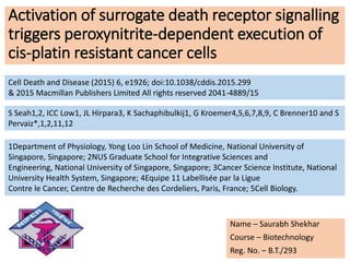 Activation of surrogate death receptor signalling
triggers peroxynitrite-dependent execution of
cis-platin resistant cancer cells
Name – Saurabh Shekhar
Course – Biotechnology
Reg. No. – B.T./293
1Department of Physiology, Yong Loo Lin School of Medicine, National University of
Singapore, Singapore; 2NUS Graduate School for Integrative Sciences and
Engineering, National University of Singapore, Singapore; 3Cancer Science Institute, National
University Health System, Singapore; 4Equipe 11 Labellisée par la Ligue
Contre le Cancer, Centre de Recherche des Cordeliers, Paris, France; 5Cell Biology.
Cell Death and Disease (2015) 6, e1926; doi:10.1038/cddis.2015.299
& 2015 Macmillan Publishers Limited All rights reserved 2041-4889/15
S Seah1,2, ICC Low1, JL Hirpara3, K Sachaphibulkij1, G Kroemer4,5,6,7,8,9, C Brenner10 and S
Pervaiz*,1,2,11,12
 
