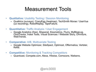 Measurement Tools
• Qualitative: Usability Testing / Session Monitoring
    – Qualtrics (surveys), CrazyEgg (heatmap), TechSmith Morae / UserVue
      (ux recording), RobotReplay, TapeFailure.

• Quantitative: Traffic Analysis / User Engagement
    – Google Analytics (free), Mixpanel, Kissmetrics, Flurry, MyBlogLog,
      ClickTracks, Index Tools, Visual Sciences / Webside Story, Omniture,
      WebTrends.

• Comparative: A/B, Multivariate Testing
    – Google Website Optimizer, SiteSpect, Optimost, Offermatica, Vertster,
      Kefta.

• Competitive: Monitoring & Tracking Competitors
    – Quantcast, Compete.com, Alexa, Hitwise, Comscore, Nielsens.




                               @eric3000
 