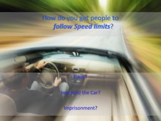 How	
  do	
  you	
  get	
  people	
  to	
  	
  
   follow	
  Speed	
  limits?	
  




               Fines?	
  
                  	
  
          Impound	
  the	
  Car?	
  
                  	
  
           Imprisonment?	
  
                                                  @TejDesai   	
  
 