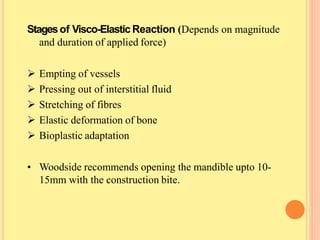 Stagesof Visco-ElasticReaction (Depends on magnitude
and duration of applied force)
 Empting of vessels
 Pressing out of interstitial fluid
 Stretching of fibres
 Elastic deformation of bone
 Bioplastic adaptation
• Woodside recommends opening the mandible upto 10-
15mm with the construction bite.
 
