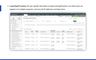 Logon/logoff tracking: Get user-speciﬁc information on logon and logoff actions, see which users are
logged on to multiple computers, and view the IP addresses and logon times
 