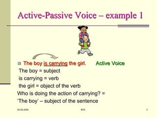 05-05-2009 BCK 3
Active-Passive Voice – example 1
 The boy is carrying the girl. Active Voice
The boy = subject
is carrying = verb
the girl = object of the verb
Who is doing the action of carrying? =
‘The boy’ – subject of the sentence
 