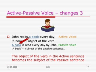 05-05-2009 BCK 7
Active-Passive Voice – changes 3
 John reads a book every day. Active Voice
‘a book’ -- object of the verb
A book is read every day by John. Passive voice
‘A book’ -- subject of the passive sentence…
The object of the verb in the Active sentence
becomes the subject of the Passive sentence.
 