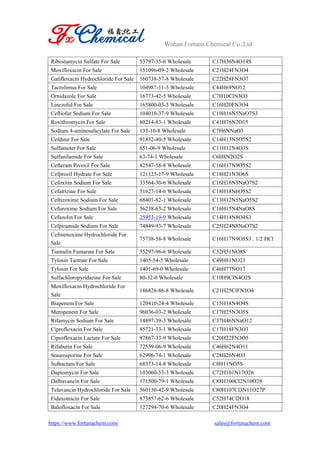 Wuhan Fortuna Chemical Co.,Ltd
https://www.fortunachem.com/ sales@fortunachem.com
Ribostamycin Sulfate For Sale 53797-35-6 Wholesale C17H36N4O14S
Moxifloxacin For Sale 151096-09-2 Wholesale C21H24FN3O4
Gatifloxacin Hydrochloride For Sale 160738-57-8 Wholesale C22H28FN3O7
Tacrolimus For Sale 104987-11-3 Wholesale C44H69NO12
Ornidazole For Sale 16773-42-5 Wholesale C7H10ClN3O3
Linezolid For Sale 165800-03-3 Wholesale C16H20FN3O4
Ceftiofur Sodium For Sale 104010-37-9 Wholesale C19H16N5NaO7S3
Roxithromycin For Sale 80214-83-1 Wholesale C41H76N2O15
Sodium 4-aminosalicylate For Sale 133-10-8 Wholesale C7H6NNaO3
Cefdinir For Sale 91832-40-5 Wholesale C14H13N5O5S2
Sulfameter For Sale 651-06-9 Wholesale C11H12N4O3S
Sulfanilamide For Sale 63-74-1 Wholesale C6H8N2O2S
Cefteram Pivoxil For Sale 82547-58-8 Wholesale C16H17N9O5S2
Cefprozil Hydrate For Sale 121123-17-9 Wholesale C18H21N3O6S
Cefoxitin Sodium For Sale 33564-30-6 Wholesale C16H16N3NaO7S2
Cefatrizine For Sale 51627-14-6 Wholesale C18H18N6O5S2
Ceftizoxime Sodium For Sale 68401-82-1 Wholesale C13H12N5NaO5S2
Cefuroxime Sodium For Sale 56238-63-2 Wholesale C16H15N4NaO8S
Cefazolin For Sale 25953-19-9 Wholesale C14H14N8O4S3
Cefpiramide Sodium For Sale 74849-93-7 Wholesale C25H24N8NaO7S2
Cefmenoxime Hydrochloride For
Sale
75738-58-8 Wholesale C16H17N9O5S3 . 1/2 HCl
Tiamulin Fumarate For Sale 55297-96-6 Wholesale C32H51NO8S
Tylosin Tartrate For Sale 1405-54-5 Wholesale C49H81NO23
Tylosin For Sale 1401-69-0 Wholesale C46H77NO17
Sulfachloropyridazine For Sale 80-32-0 Wholesale C10H9ClN4O2S
Moxifloxacin Hydrochloride For
Sale
186826-86-8 Wholesale C21H25ClFN3O4
Biapenem For Sale 120410-24-4 Wholesale C15H18N4O4S
Meropenem For Sale 96036-03-2 Wholesale C17H25N3O5S
Rifamycin Sodium For Sale 14897-39-3 Wholesale C37H46NNaO12
Ciprofloxacin For Sale 85721-33-1 Wholesale C17H18FN3O3
Ciprofloxacin Lactate For Sale 97867-33-9 Wholesale C20H22FN3O5
Rifabutin For Sale 72559-06-9 Wholesale C46H62N4O11
Staurosporine For Sale 62996-74-1 Wholesale C28H26N4O3
Sulbactam For Sale 68373-14-8 Wholesale C8H11NO5S
Daptomycin For Sale 103060-53-3 Wholesale C72H101N17O26
Dalbavancin For Sale 171500-79-1 Wholesale C88H100Cl2N10O28
Telavancin Hydrochloride For Sale 560130-42-9 Wholesale C80H107Cl3N11O27P
Fidaxomicin For Sale 873857-62-6 Wholesale C52H74Cl2O18
Balofloxacin For Sale 127294-70-6 Wholesale C20H24FN3O4
 