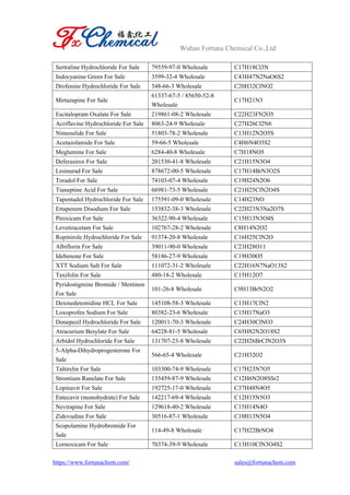 Wuhan Fortuna Chemical Co.,Ltd
https://www.fortunachem.com/ sales@fortunachem.com
Sertraline Hydrochloride For Sale 79559-97-0 Wholesale C17H18Cl3N
Indocyanine Green For Sale 3599-32-4 Wholesale C43H47N2NaO6S2
Drofenine Hydrochloride For Sale 548-66-3 Wholesale C20H32ClNO2
Mirtazapine For Sale
61337-67-5 / 85650-52-8
Wholesale
C17H21N3
Escitalopram Oxalate For Sale 219861-08-2 Wholesale C22H23FN2O5
Acriflavine Hydrochloride For Sale 8063-24-9 Wholesale C27H26Cl2N6
Nimesulide For Sale 51803-78-2 Wholesale C13H12N2O5S
Acetazolamide For Sale 59-66-5 Wholesale C4H6N4O3S2
Meglumine For Sale 6284-40-8 Wholesale C7H18NO5
Deferasirox For Sale 201530-41-8 Wholesale C21H15N3O4
Lesinurad For Sale 878672-00-5 Wholesale C17H14BrN3O2S
Toradol For Sale 74103-07-4 Wholesale C19H24N2O6
Tianeptine Acid For Sale 66981-73-5 Wholesale C21H25ClN2O4S
Tapentadol Hydrochloride For Sale 175591-09-0 Wholesale C14H23NO
Ertapenem Disodium For Sale 153832-38-3 Wholesale C22H23N3Na2O7S
Piroxicam For Sale 36322-90-4 Wholesale C15H13N3O4S
Levetiracetam For Sale 102767-28-2 Wholesale C8H14N2O2
Ropinirole Hydrochloride For Sale 91374-20-8 Wholesale C16H25ClN2O
Albiflorin For Sale 39011-90-0 Wholesale C23H28O11
Idebenone For Sale 58186-27-9 Wholesale C19H30O5
XTT Sodium Salt For Sale 111072-31-2 Wholesale C22H16N7NaO13S2
Taxifolin For Sale 480-18-2 Wholesale C15H12O7
Pyridostigmine Bromide / Mestinon
For Sale
101-26-8 Wholesale C9H13BrN2O2
Dexmedetomidine HCL For Sale 145108-58-3 Wholesale C13H17ClN2
Loxoprofen Sodium For Sale 80382-23-6 Wholesale C15H17NaO3
Donepezil Hydrochloride For Sale 120011-70-3 Wholesale C24H30ClNO3
Atracurium Besylate For Sale 64228-81-5 Wholesale C65H82N2O18S2
Arbidol Hydrochloride For Sale 131707-23-8 Wholesale C22H26BrClN2O3S
5-Alpha-Dihydroprogesterone For
Sale
566-65-4 Wholesale C21H32O2
Taltirelin For Sale 103300-74-9 Wholesale C17H23N7O5
Strontium Ranelate For Sale 135459-87-9 Wholesale C12H6N2O8SSr2
Lopinavir For Sale 192725-17-0 Wholesale C37H48N4O5
Entecavir (monohydrate) For Sale 142217-69-4 Wholesale C12H15N5O3
Nevirapine For Sale 129618-40-2 Wholesale C15H14N4O
Zidovudine For Sale 30516-87-1 Wholesale C10H13N5O4
Scopolamine Hydrobromide For
Sale
114-49-8 Wholesale C17H22BrNO4
Lornoxicam For Sale 70374-39-9 Wholesale C13H10ClN3O4S2
 