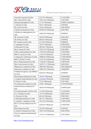 Wuhan Fortuna Chemical Co.,Ltd
https://www.fortunachem.com/ sales@fortunachem.com
N-acetyl-L-tyrosine For Sale 537-55-3 Wholesale C11H12NO4
Moc Valine OH For Sale 74761-42-5 Wholesale C7H13NO4
Histamine phosphate For Sale 51-74-1 Wholesale C5H9N3·2(H3PO4)
L-Alanine For Sale 56-41-7 Wholesale C3H7NO2
DL-Lysine For Sale 70-54-2 Wholesale C6H14N2O2
4-Hydroxyisoleucine For Sale 55399-93-4 Wholesale C6H13NO3
4-Hydroxy-L-phenylglycine For
Sale
32462-30-9 Wholesale C8H9NO3
DL-Tyrosine For Sale 556-03-6 Wholesale C9H11NO3
DL-Proline For Sale 609-36-9 Wholesale C5H9NO2
DL-Aspartic acid For Sale 617-45-8 Wholesale C4H6NO4
L-asparagine For Sale 70-47-3 Wholesale C4H10N2O3
Liothyronine For Sale 6893-02-3 Wholesale C15H12I3NO4
Boc-L-alanine For Sale 15761-38-3 Wholesale C8H14NO4
N-Boc-L-phenylalanine For Sale 13734-34-4 Wholesale C14H18NO4
BOC-L-Leucine For Sale 3139-15-6 Wholesale C11H21NO4
S-Adenosyl-L-methionine For Sale 29908-03-0 Wholesale C15H23N6O5S
BOC-L-Proline For Sale 15761-39-4 Wholesale C10H16NO4
Boc-L-Hydroxyproline For Sale 13726-69-7 Wholesale C10H17NO5
Moc-L-tert-Leucine For Sale 162537-11-3 Wholesale C8H15NO4
Magnesium L-aspartate For Sale 2068-80-6 Wholesale C8H12MgN2O8
Potassium L-aspartate For Sale 14007-45-5 Wholesale C4H6KNO4
N-Methyl-D-aspartic acid (NMDA)
For Sale
6384-92-5 Wholesale C5H8NO4
Monosodium Glutamate For Sale 142-47-2 Wholesale C5H8NNaO4
L-Arginine Hydrochloride For Sale 1119-34-2 Wholesale C6H14N4O2
L-Valine For Sale 72-18-4 Wholesale C5H11NO2
T3 Liothyronine Sodium For Sale 55-06-1 Wholesale C15H13I3NNaO5
Sodium Glycine Carbonate For
Sale
50610-34-9 Wholesale C3H4NNa3O5
N-Acetylneuraminic Acid For Sale 131-48-6 Wholesale C11H19NO9
L(+)-Citrulline For Sale 372-75-8 Wholesale C6H13N3O3
L-Tyrosine For Sale 60-18-4 Wholesale C9H11NO3
L-Homophenylalanine For Sale 943-73-7 Wholesale C10H13NO2
L-Arginine L-aspartate For Sale 7675-83-4 Wholesale C10H21N5O6
Boc-L-Tyrosine Methyl Ester For
Sale
4326-36-7 Wholesale C15H21NO5
Beta-Alanine For Sale 107-95-9 Wholesale C3H7NO2
L-Alanyl-L-Glutamine For Sale 39537-23-0 Wholesale C8H15N3O4
Glycyl-L-glutamine Monohydrate
For Sale
13115-71-4 Wholesale C7H13N3O4
 