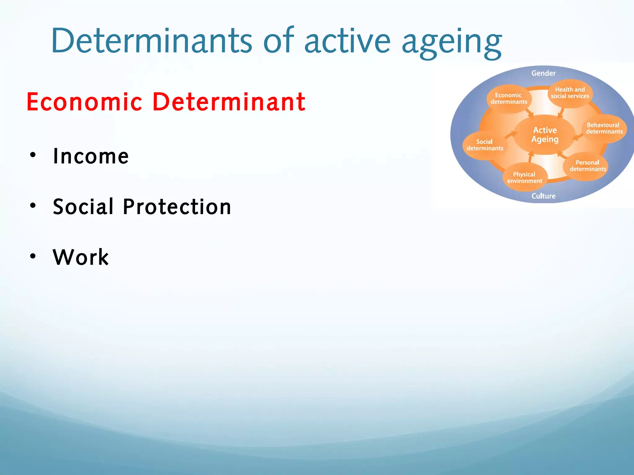 Determinants of active ageing
Economic Determinant
• Income
• Social Protection
• Work
 