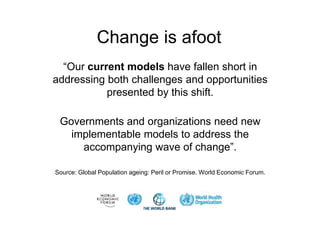 Change is afoot
“Our current models have fallen short in
addressing both challenges and opportunities
presented by this shift.
Governments and organizations need new
implementable models to address the
accompanying wave of change”.
Source: Global Population ageing: Peril or Promise. World Economic Forum.
 